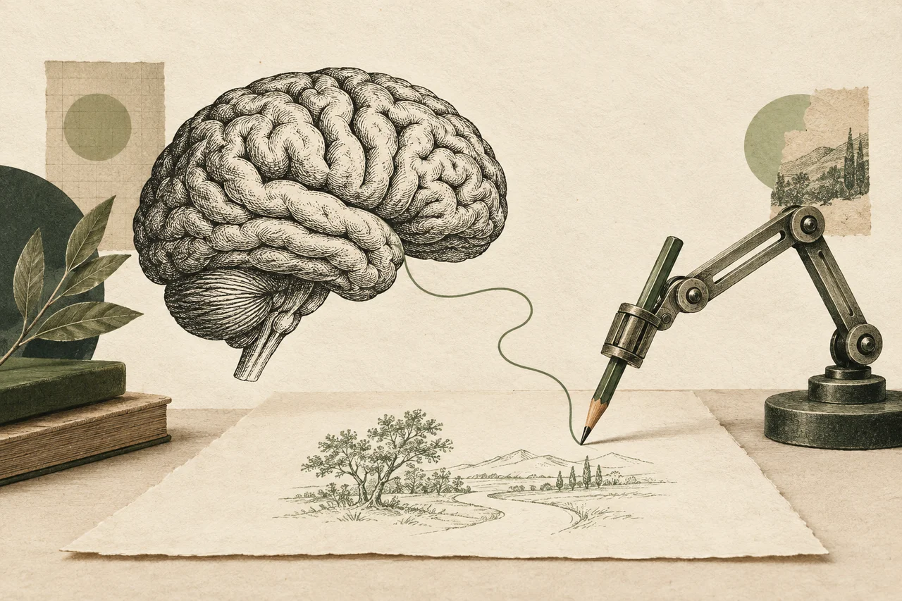 An engraved brain guides a mechanical pencil drawing on paper: human thought directing an AI tool.